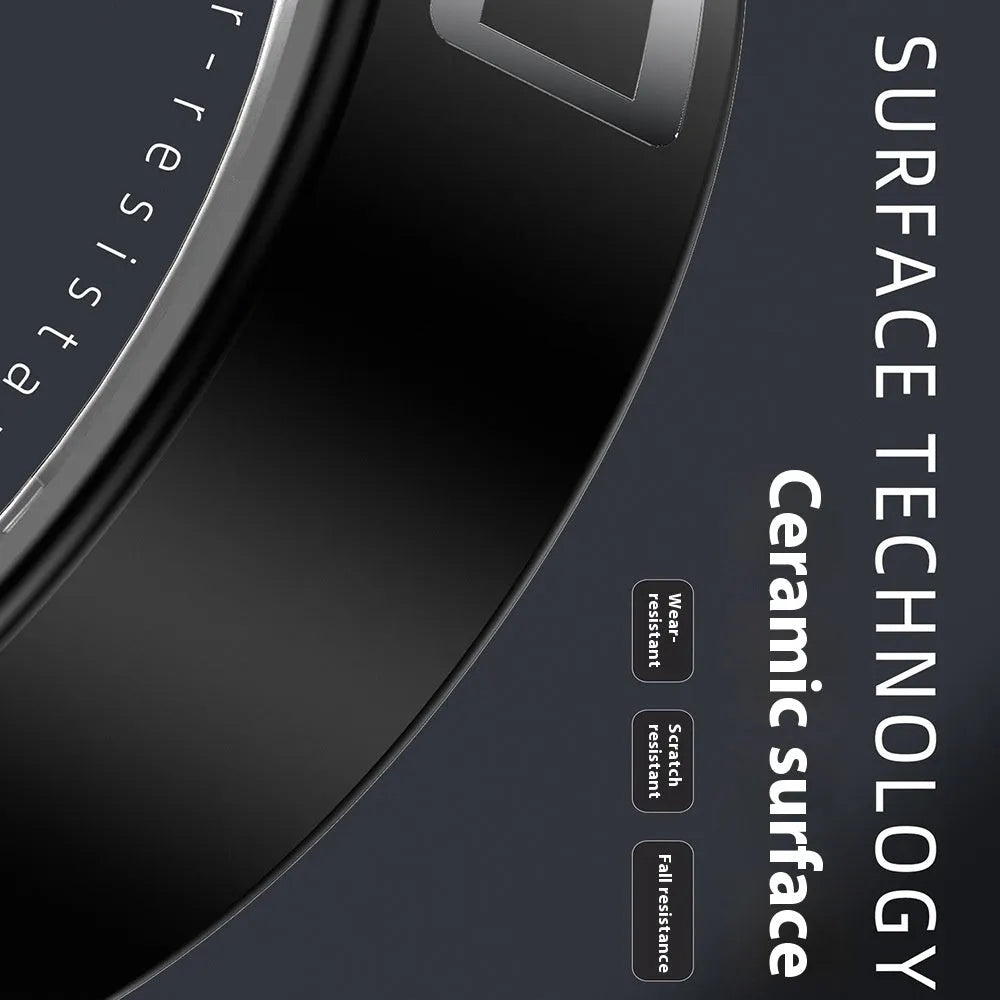 Black ceramic smart ring for health monitoring on a finger, showing a charging case nearby.