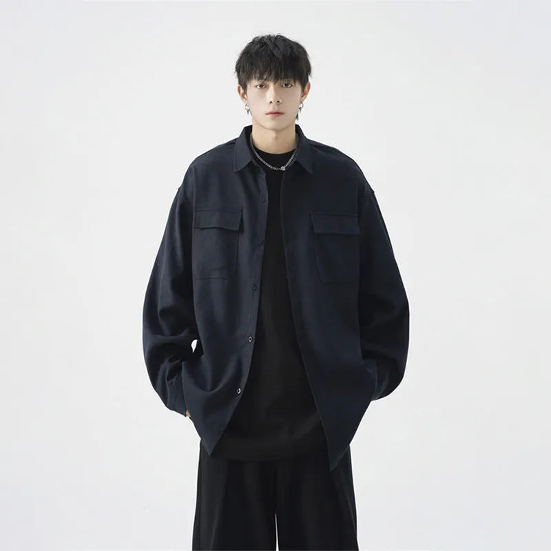 Men's loose large size casual work shirt jacket in blue, synthetic fibre blend, long sleeves