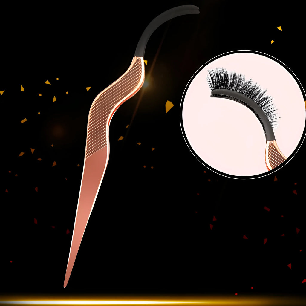 Rose gold metal false eyelash curler aid tool on plain background