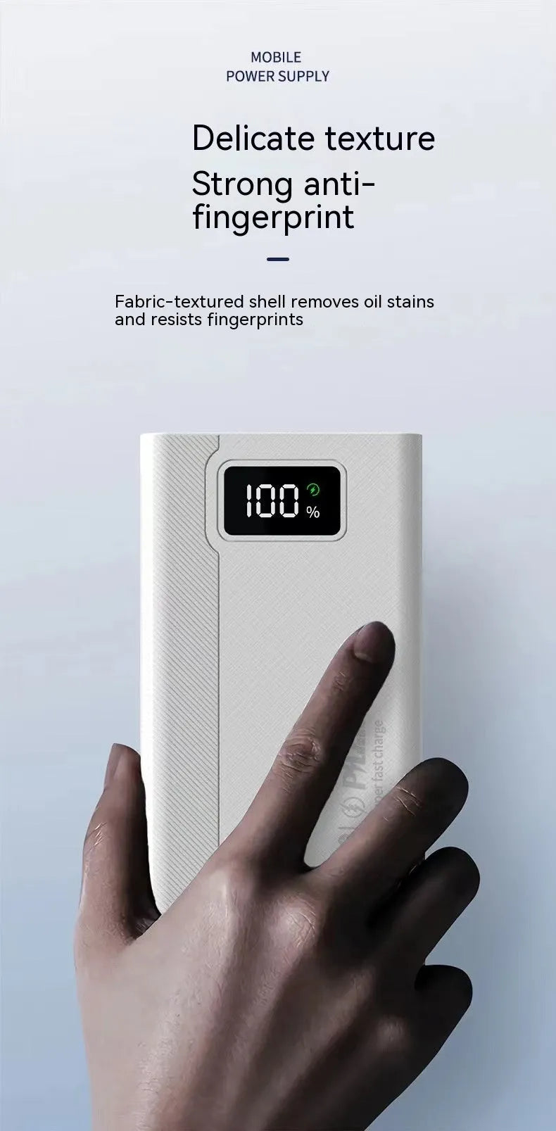 Large capacity power bank in black or white with plastic shell, dimensions 150×76×30-50mm