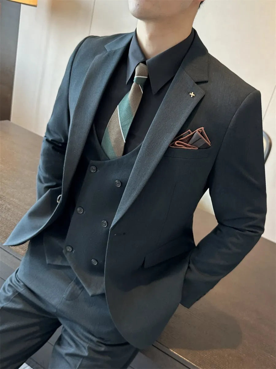 Men's slim fit business formal wear jacket in a chemical fibre blend available in dark green, brown, and camel colours.
