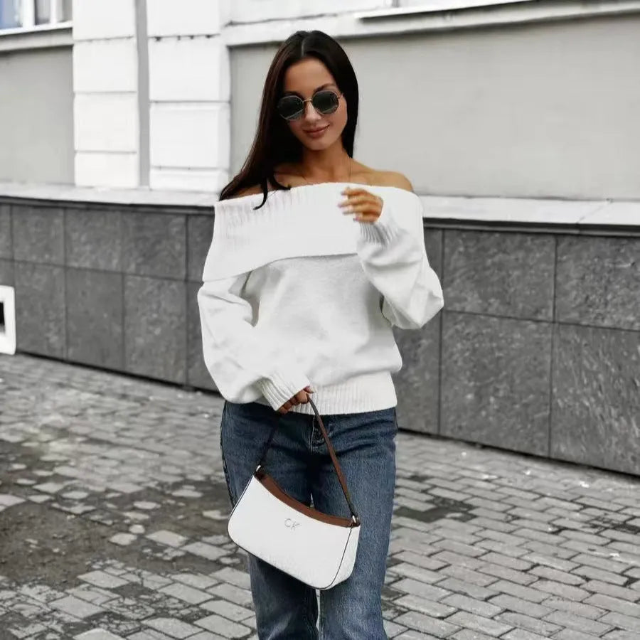 Grey off-the-shoulder women's sweater with a textured 3D rib knit pattern.