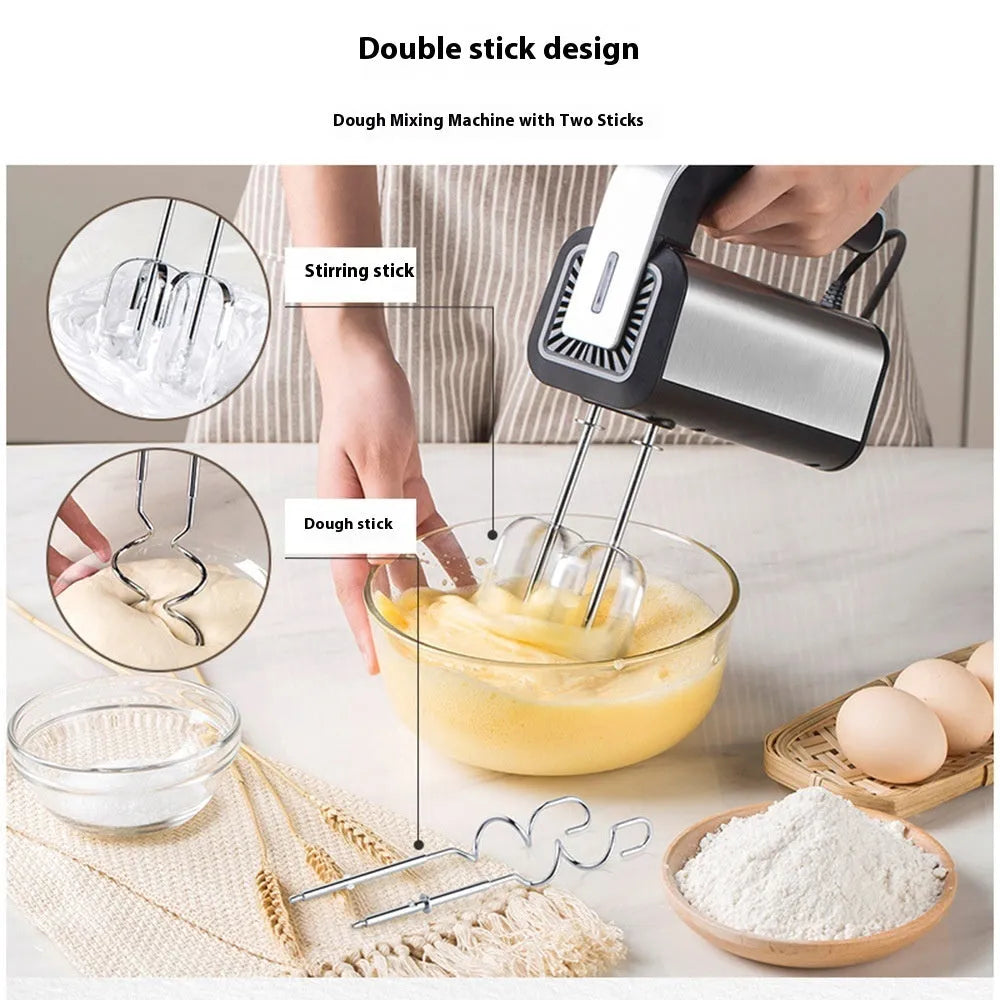 Silver handheld electric whisk with five-speed settings for kitchen mixing tasks