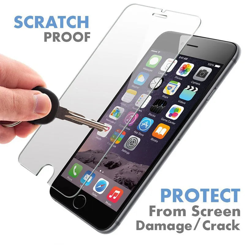 Tempered glass screen protector film for Apple iPhone with anti-fingerprint feature.
