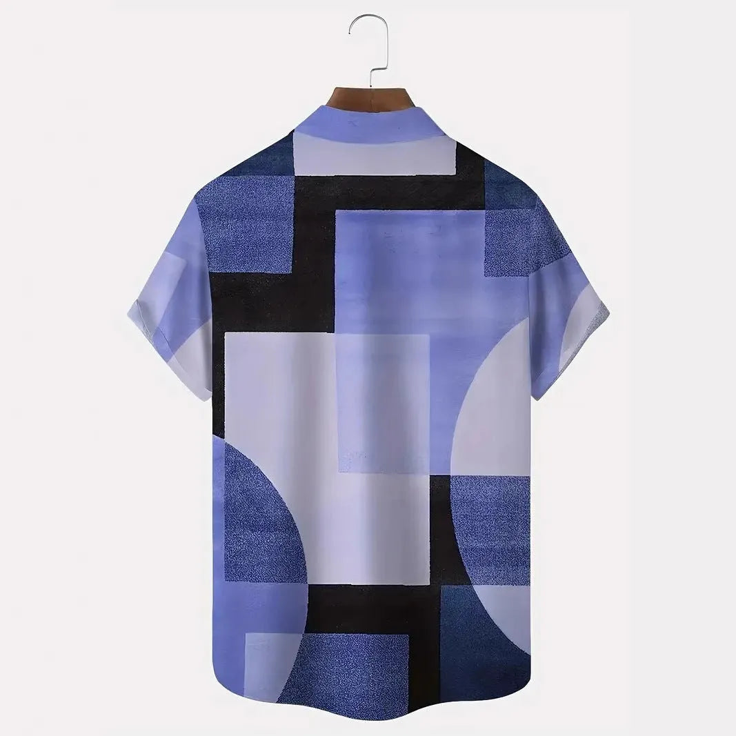 Man wearing a loose-fit short sleeve cardigan with a striped retro geometric pattern in contrasting colours.