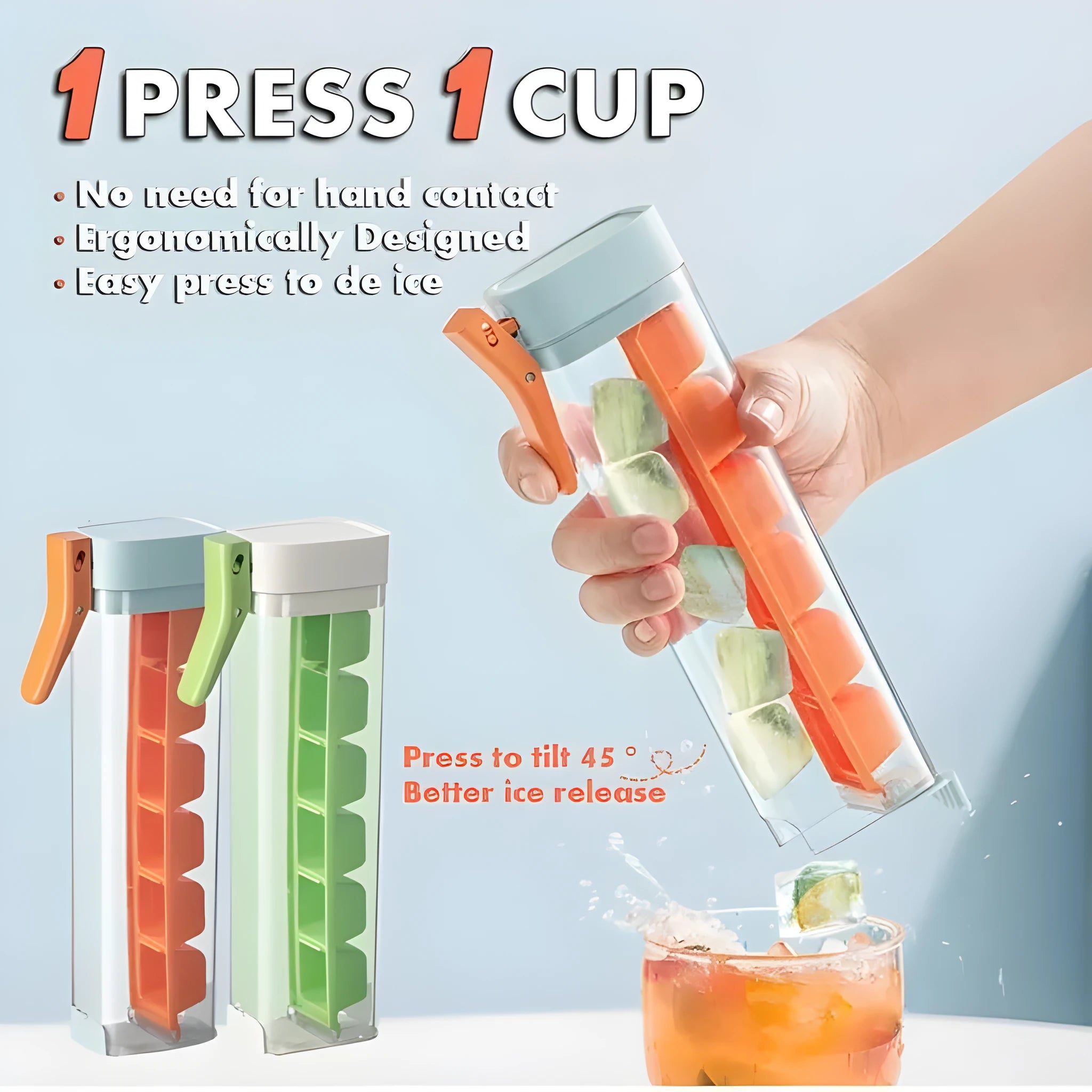 Food-grade ice cube mould with one-press release mechanism and storage box in kitchen setting