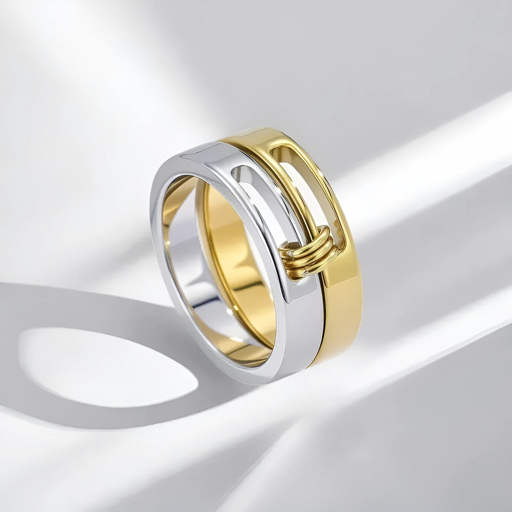 Gold electroplated double-layer twin ring on a finger, titanium steel construction, UK size options No 7 to No 9
