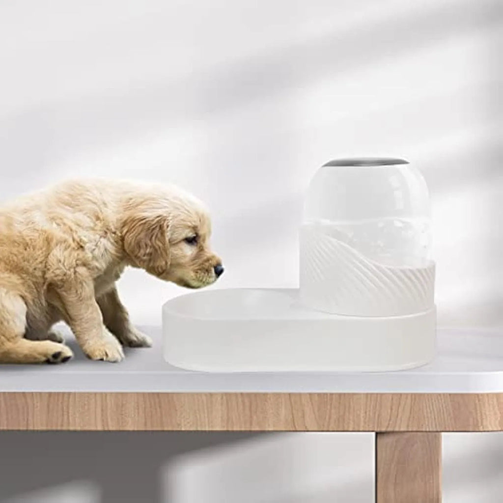 White plastic cat feeder and water dispenser set with wave-shaped design