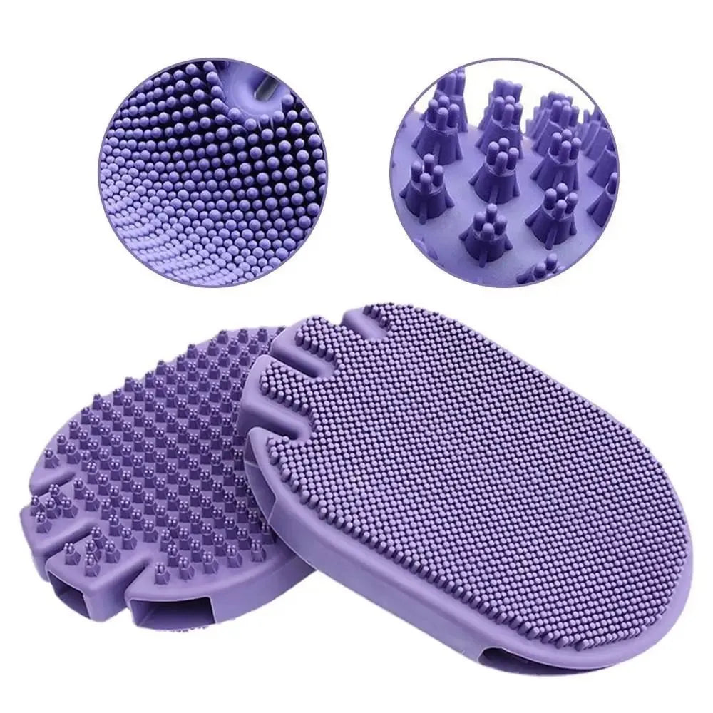 Purple dual-sided pet shampoo brush with soft TPR bristles for dog and cat bathing