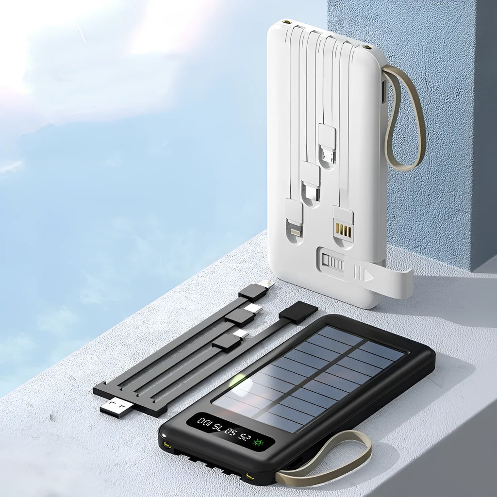 Solar power bank in black or white with capacity display and integrated solar panel.