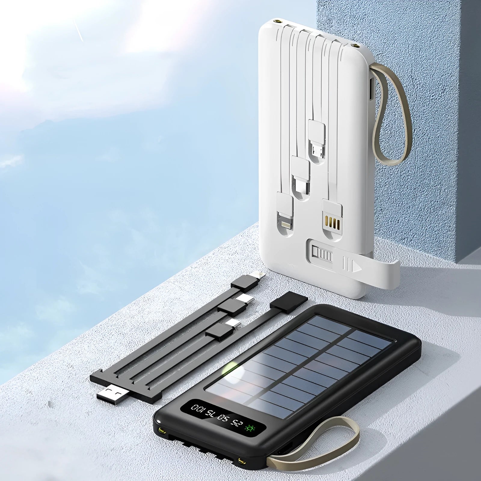 Solar power bank in black or white with capacity display and integrated solar panel.