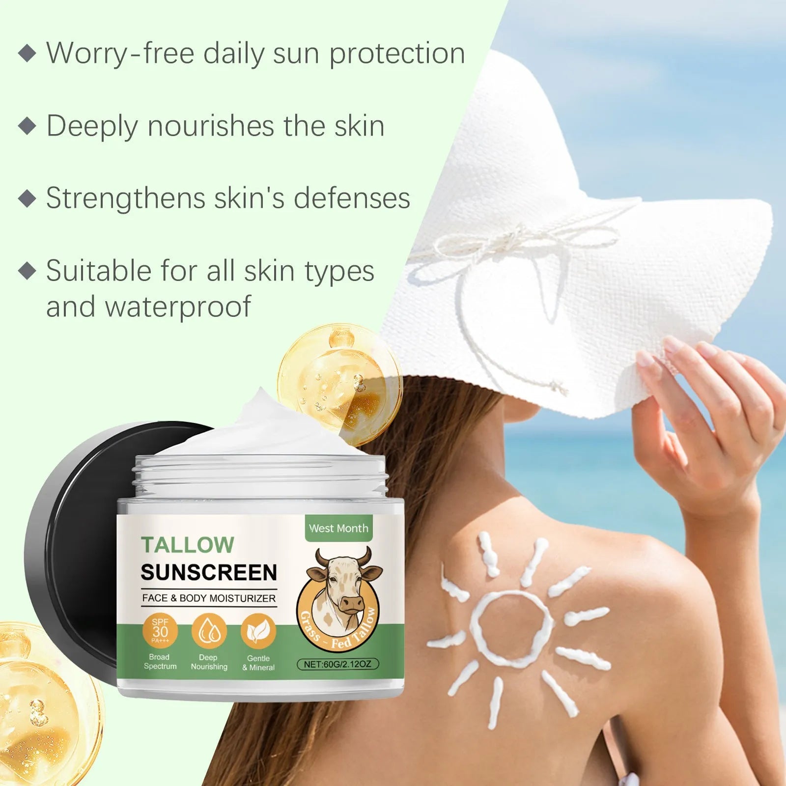 60g tube of water-based sunscreen cream with hyaluronic acid for non-greasy UV protection