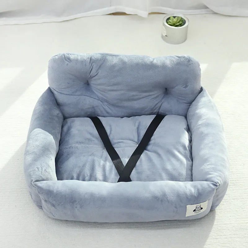 Grey and blue plaid cloth car pet bed for dogs shown in small and large size options.
