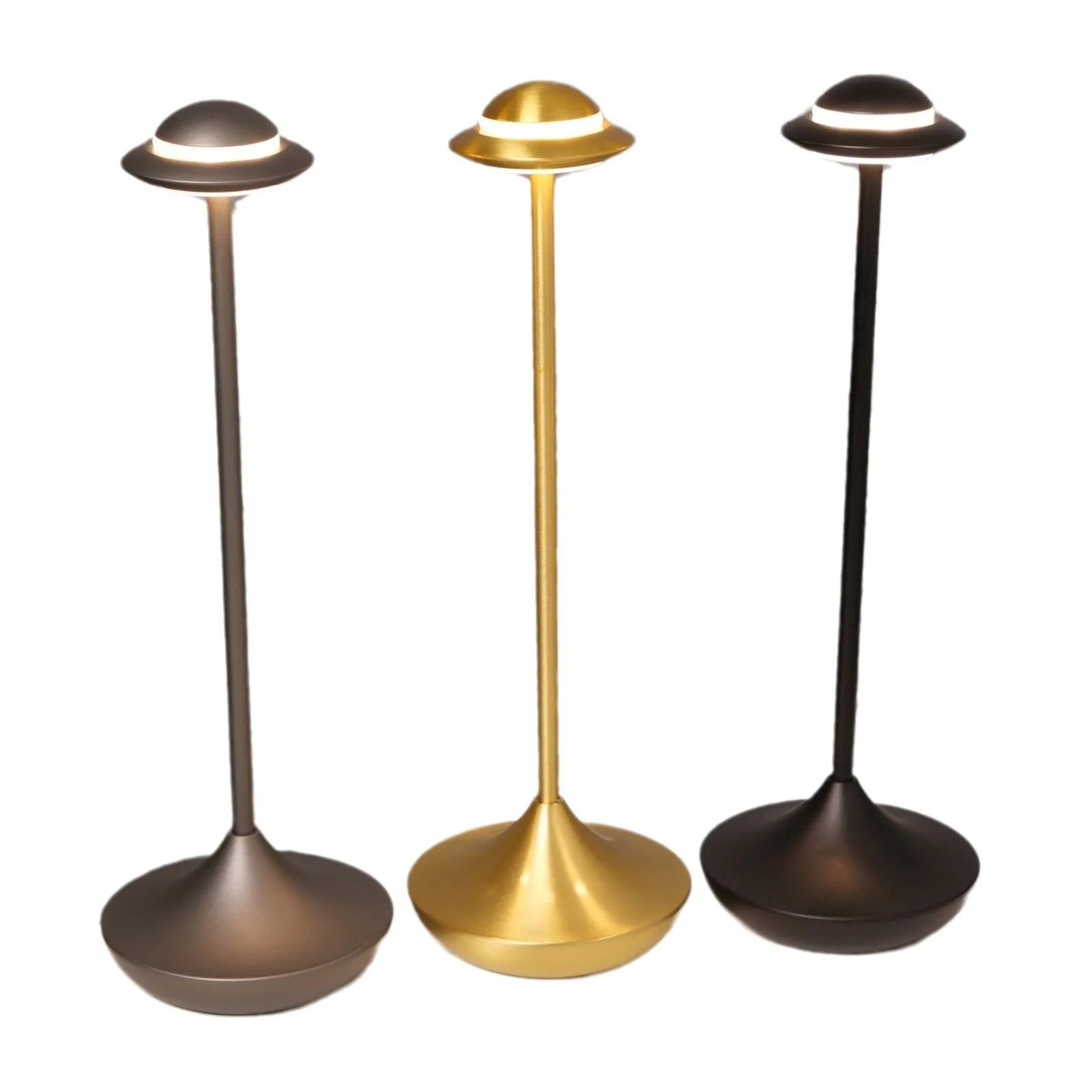 Modern metallic UFO-shaped rechargeable table lamp with touch dimming in black finish.