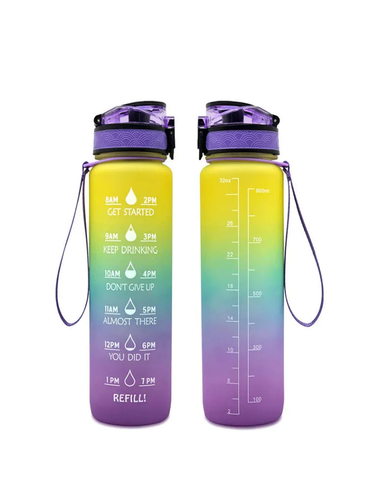 Clear 1000ml Tritan sports water bottle with infuser inside, showing measurement scale.