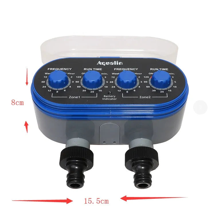 Dual timed irrigation controller device for automatic garden watering with battery compartment