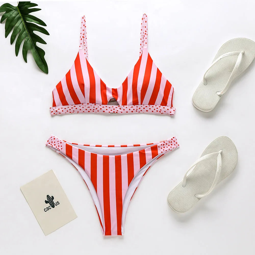 Women's bikini swimsuit set in polyester, shown in black and white dots and red and white stripes patterns.