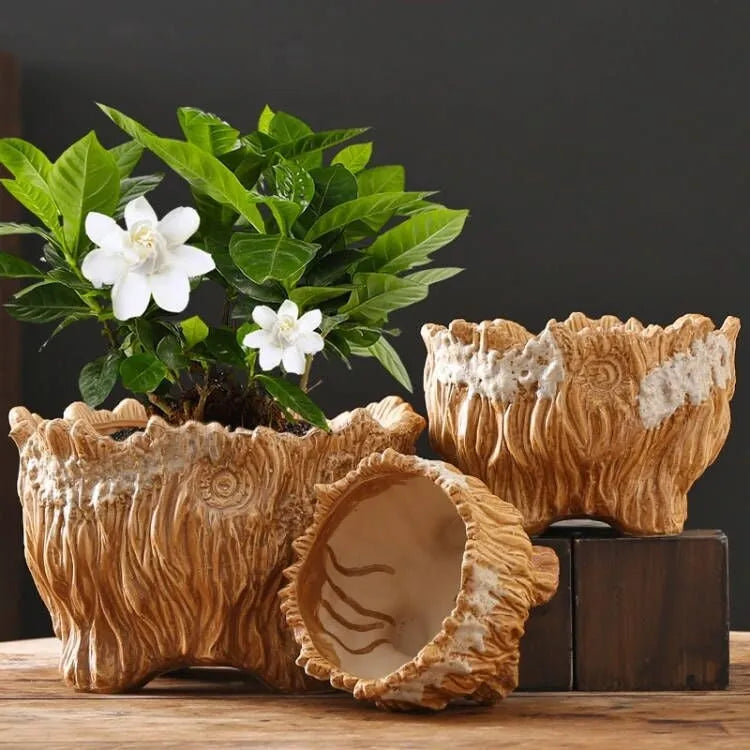 Ceramic wood-shaped tree root flower pot with green plant, large size, pastoral style for home gardening