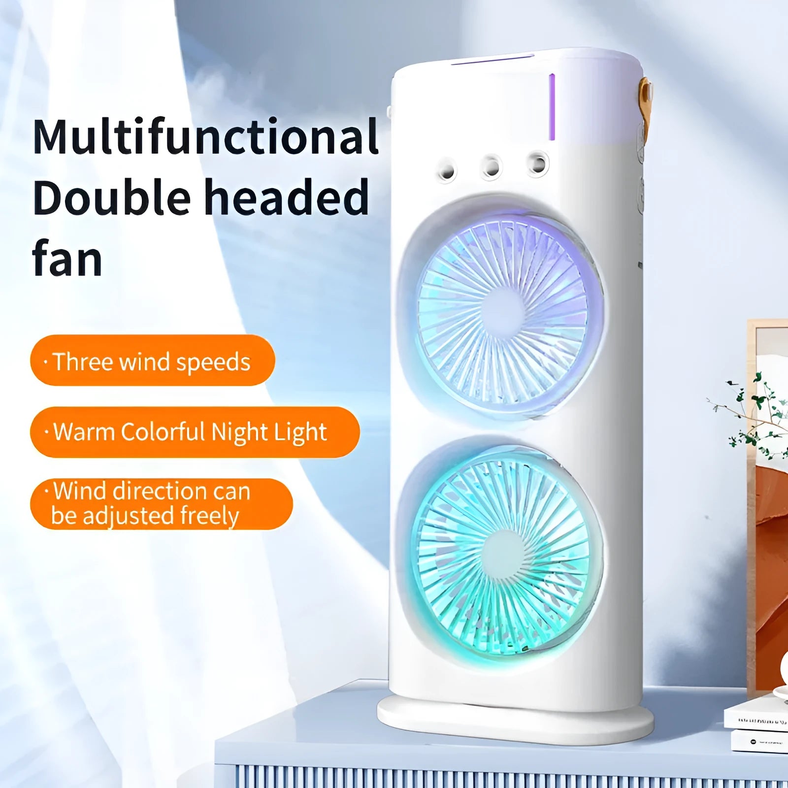 White double-ended portable USB fan with humidifying spray tank and remote control on a desk.
