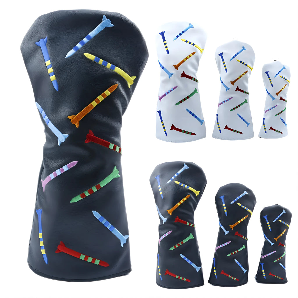 Golf club wooden pole sets in black and white colours showing large, medium, and small size options