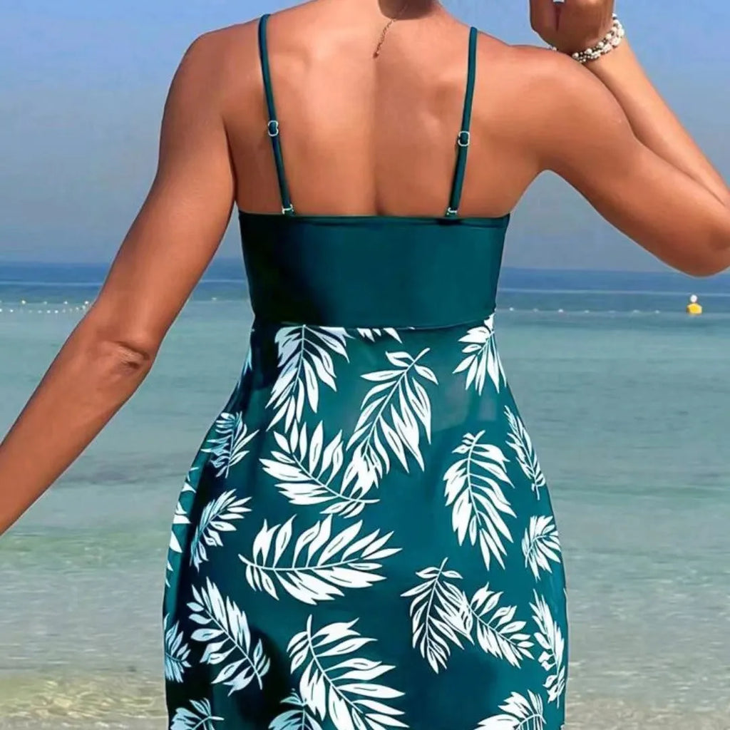 Women's high waist mesh swimsuit split boxers in black, blue, or peacock green colours on a size chart.