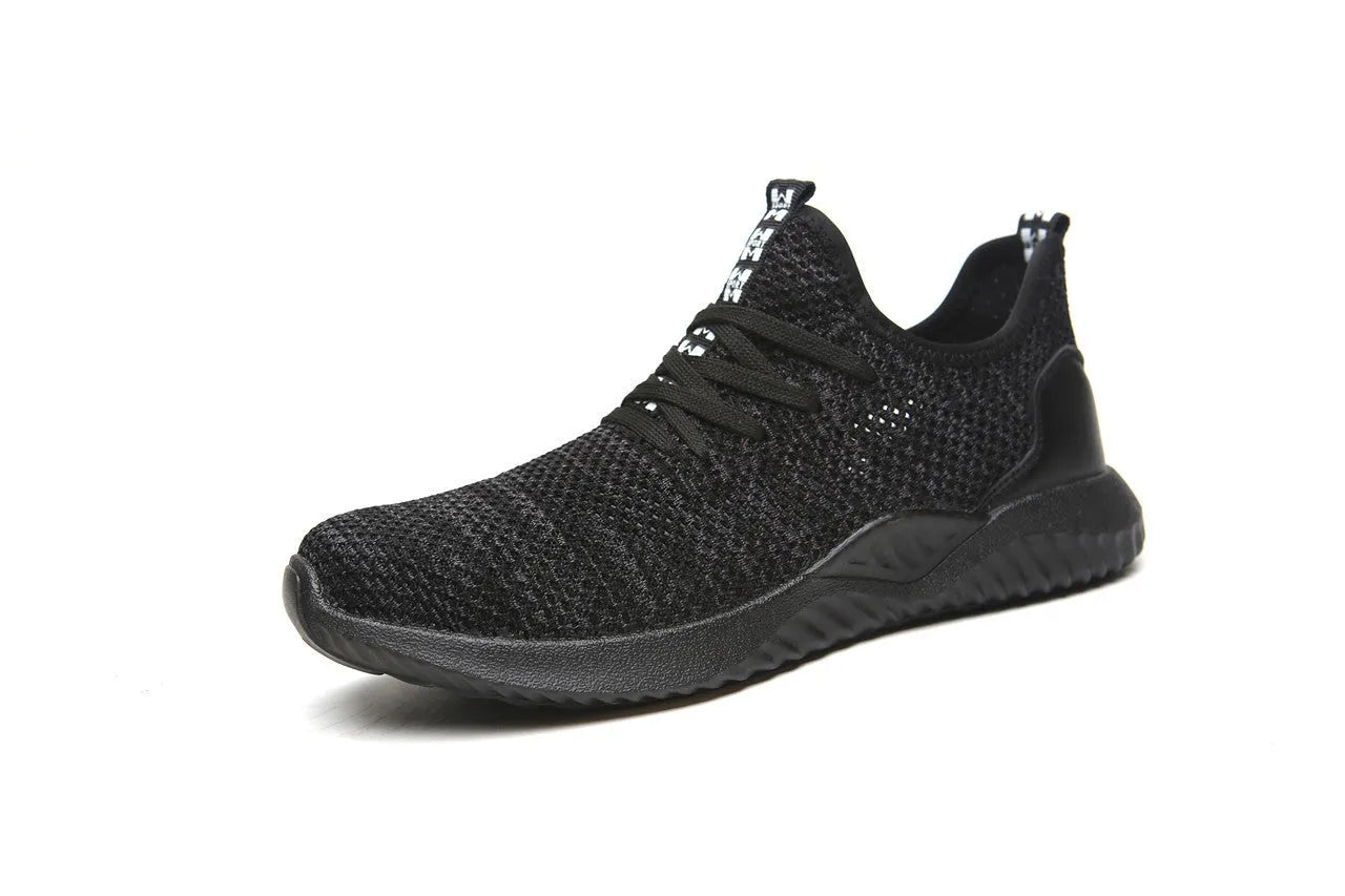 Black anti-static steel toe cap safety shoes with a low-cut EVA construction.