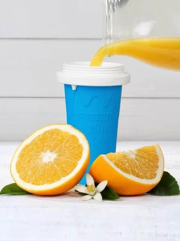 Blue quick-refrigeration silicone pinch cup for making instant slushy drinks.