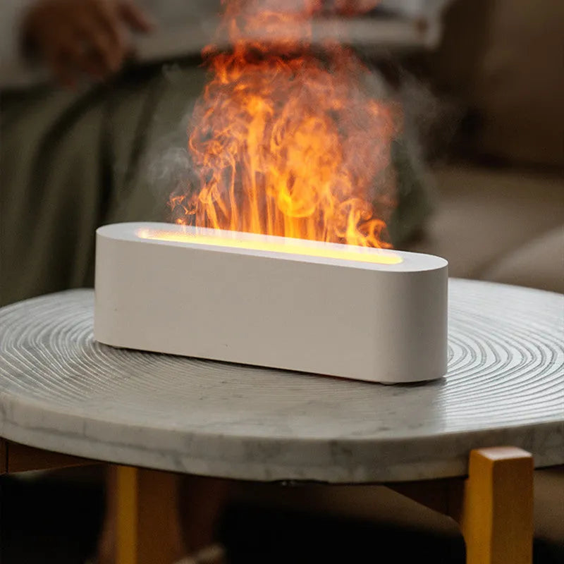 White square flame aroma diffuser with LED lights and water mist emission