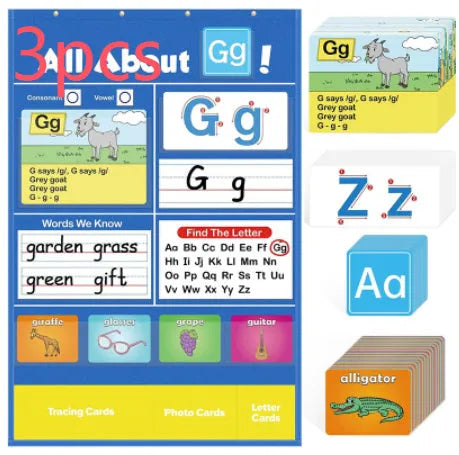 Large fabric alphabet learning chart with sets of educational word cards, letter cards, and picture cards arranged around it.