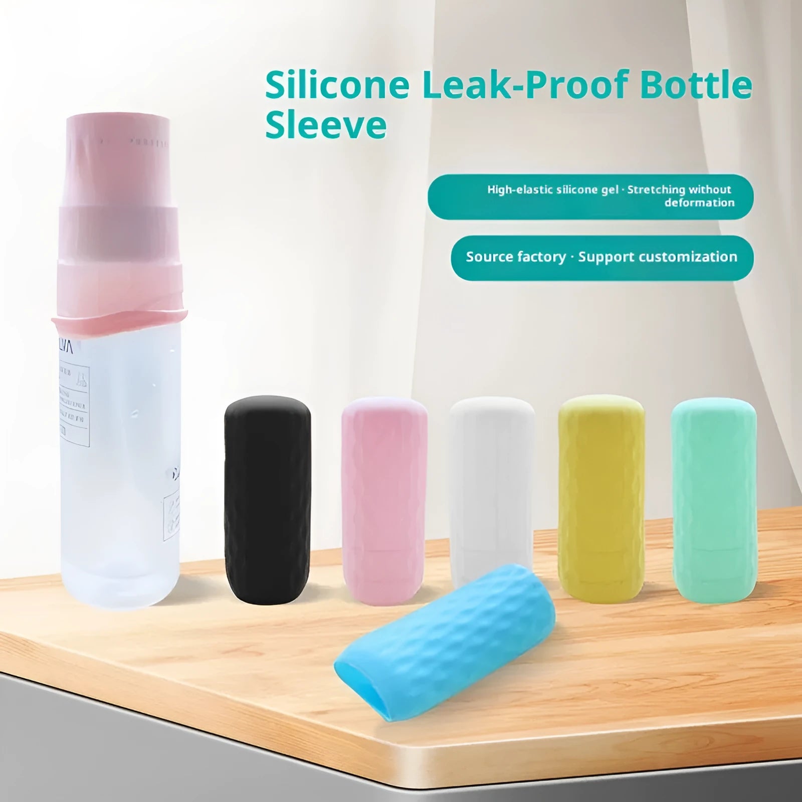 Silicone protective case for travel storage bottle in sky blue colour, leak-proof sleeve for sub-bottles