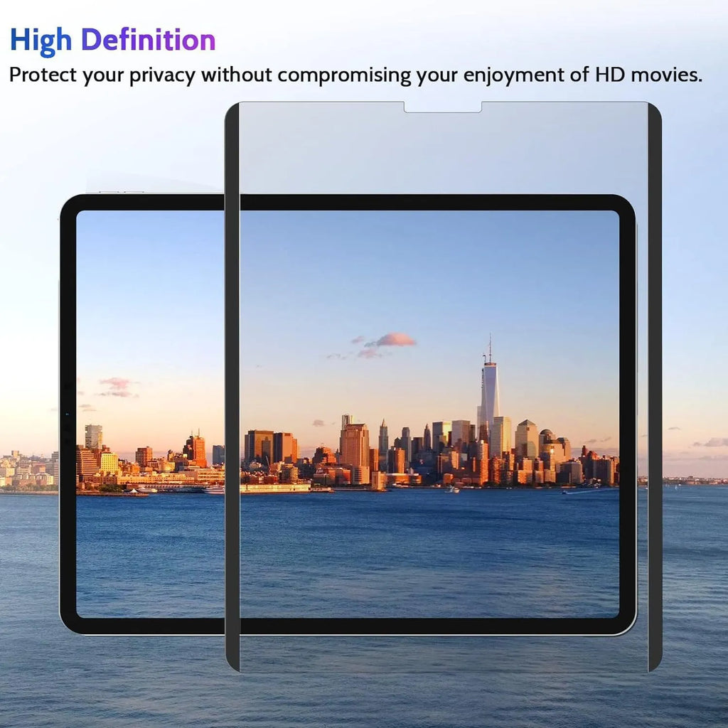 Magnetic iPad anti peeping film and storage clip shown next to an iPad