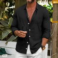 Men's loose linen cotton solid colour long sleeve casual shirt in khaki with lapel collar