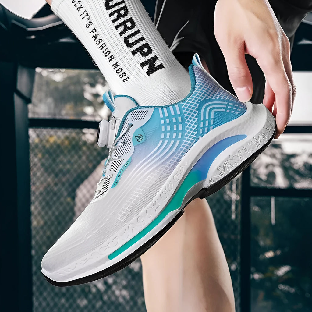 Men's low-top mesh sneakers in white and blue colourway on a rubber sole.