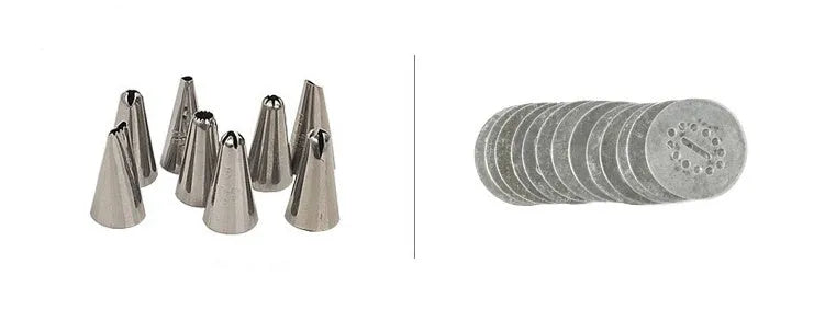 Stainless steel biscuit press gun with set of cookie moulds and piping nozzles on baking tray