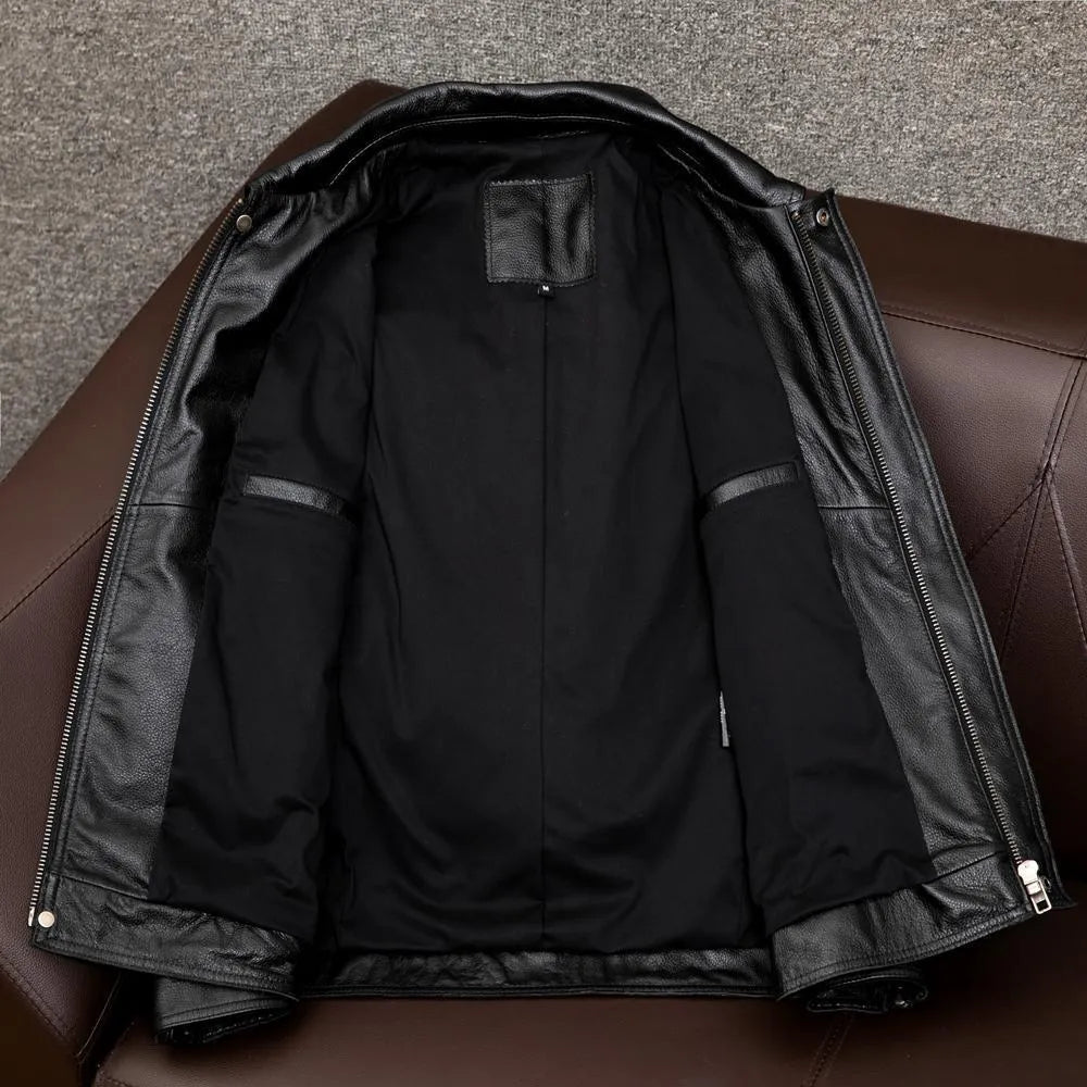 Men's black lapel leather jacket with side seam pockets in loose fit design