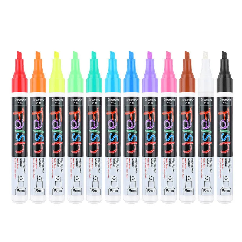 Oblique-shaped electronic fluorescent board highlighter pen with 6mm tip, shown on a card with colour refills.