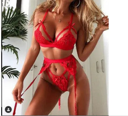 Red and white women's lace lingerie set for cosplay costumes with bra and briefs