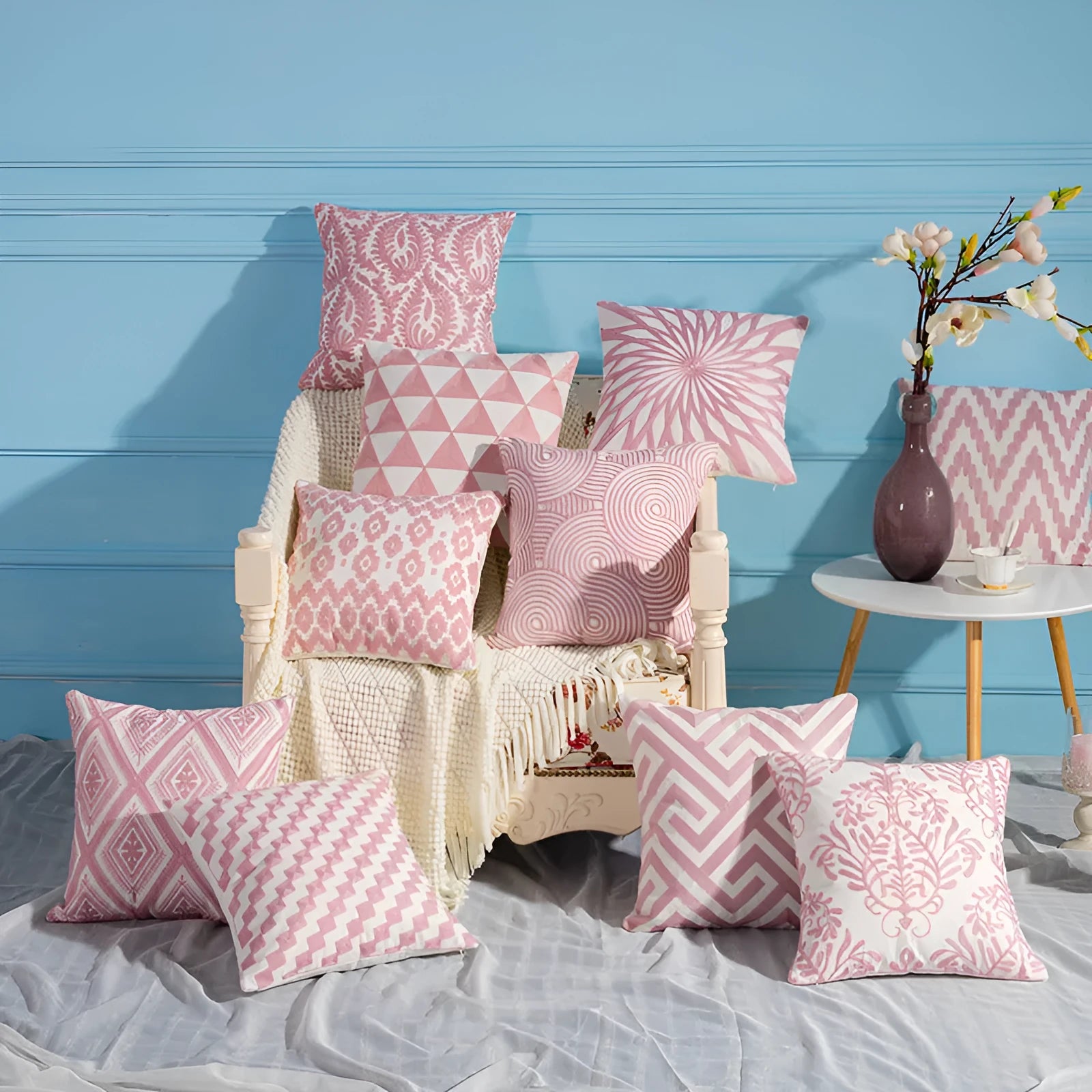 Geometric cotton embroidered pillowcase 45x45cm square cushion cover with invisible zipper, modern style