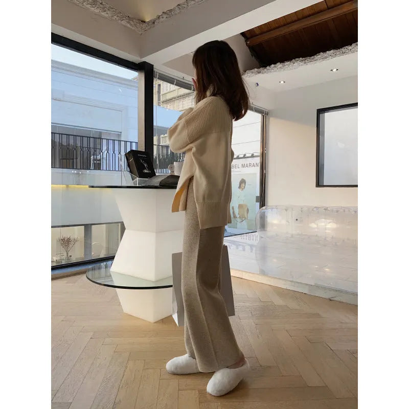 Women's knitted wide-leg high waist trousers in straight-leg style for autumn winter casual wear