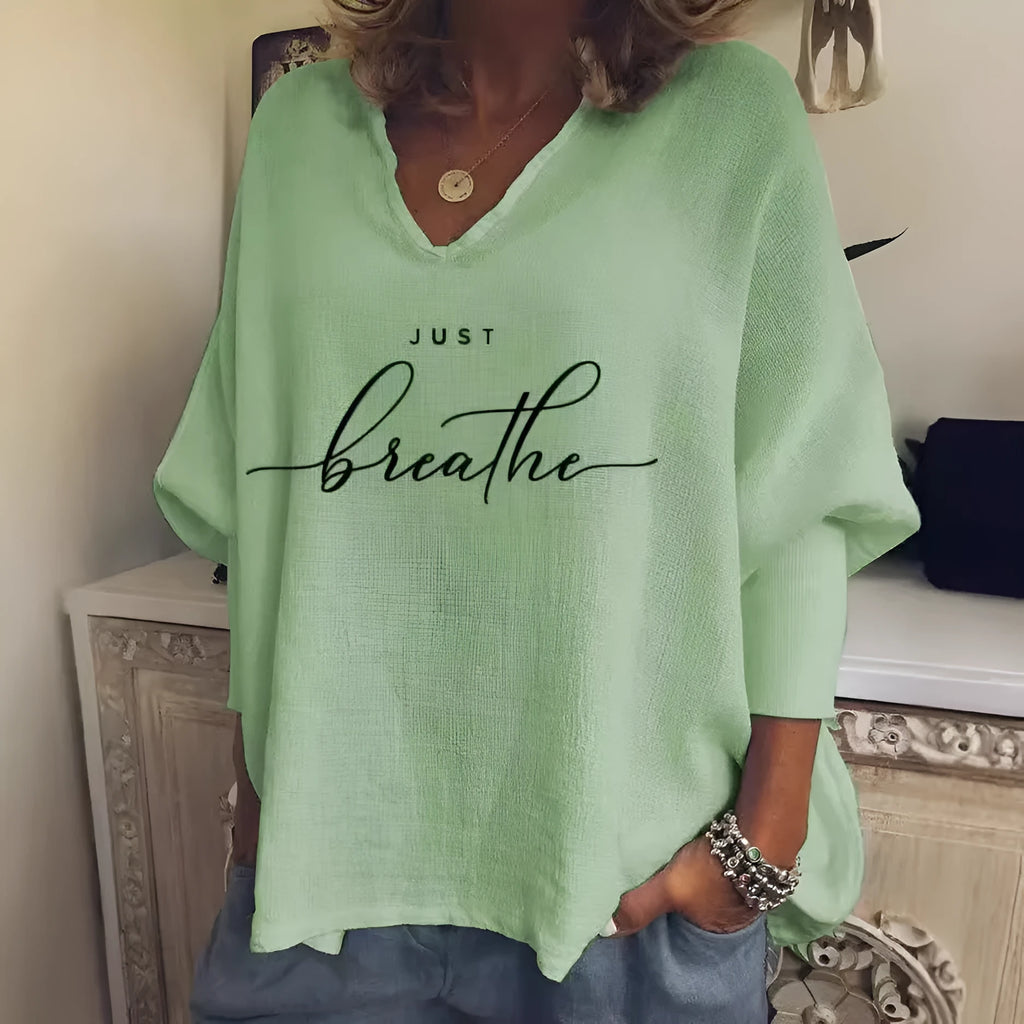 Women's loose fit V-neck long sleeve top in brushed milk silk fabric with digital printed pattern