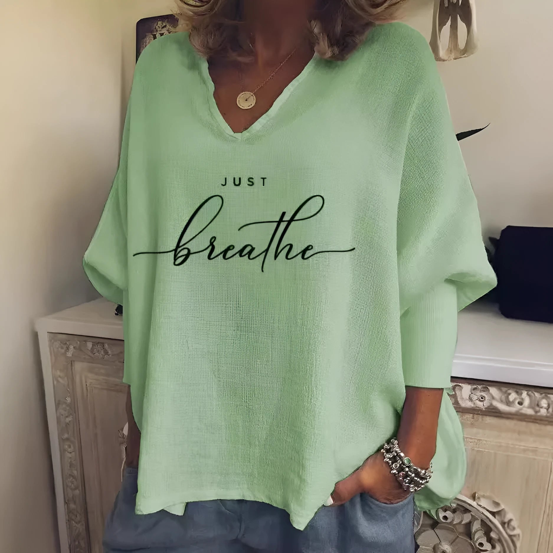 Women's loose fit V-neck long sleeve top in brushed milk silk fabric with digital printed pattern