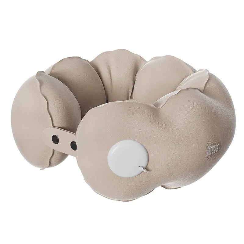 Inflatable blue and white cloud-pattern U-shaped travel neck pillow with carrying bag.