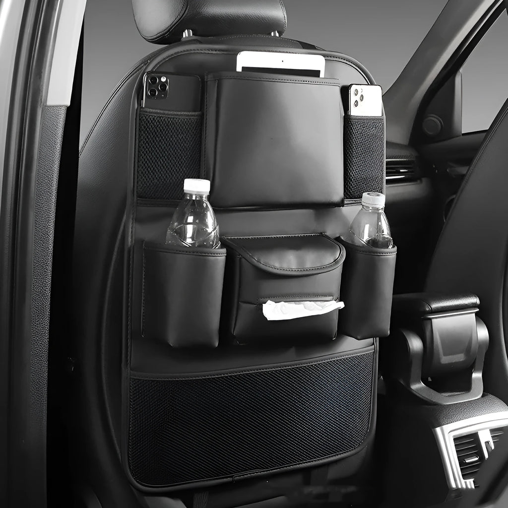 Leather car seat back storage bag shown in available colours: black, grey, green, and brown.
