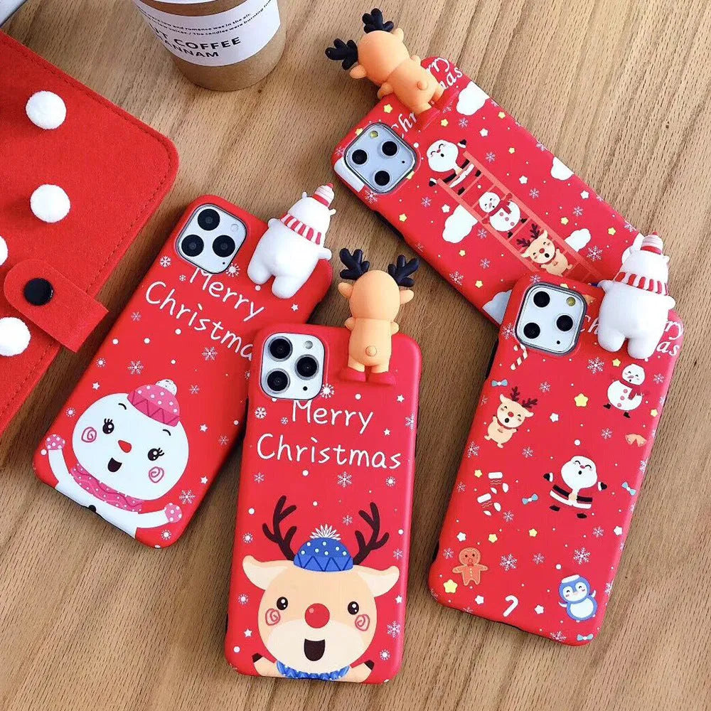 Festive Christmas silicone back cover case for various iPhone models on a red background.
