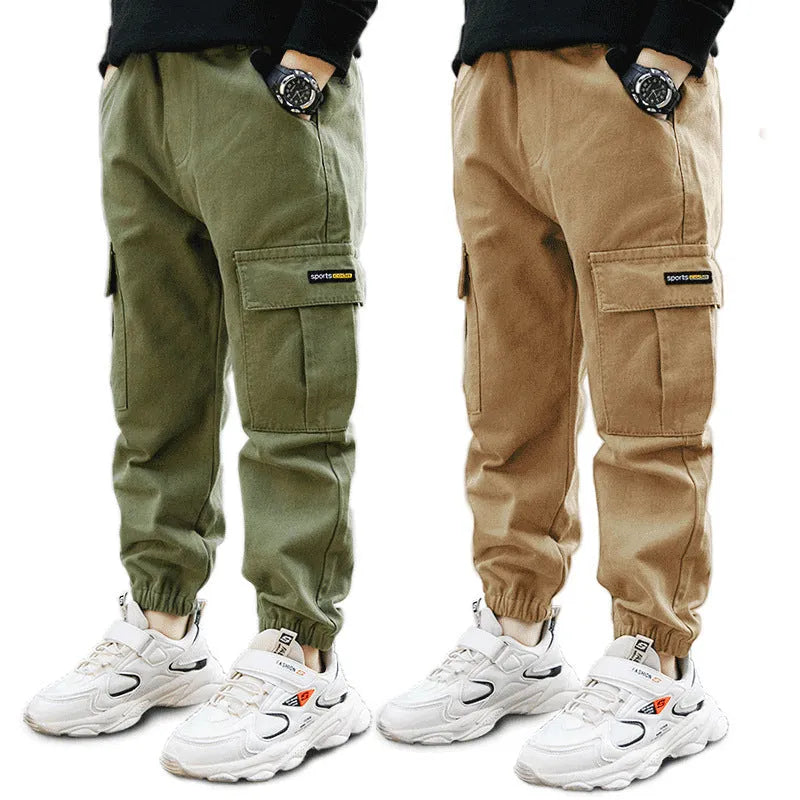 Boys' casual cotton summer trousers in khaki, shown in size for child over 140cm.