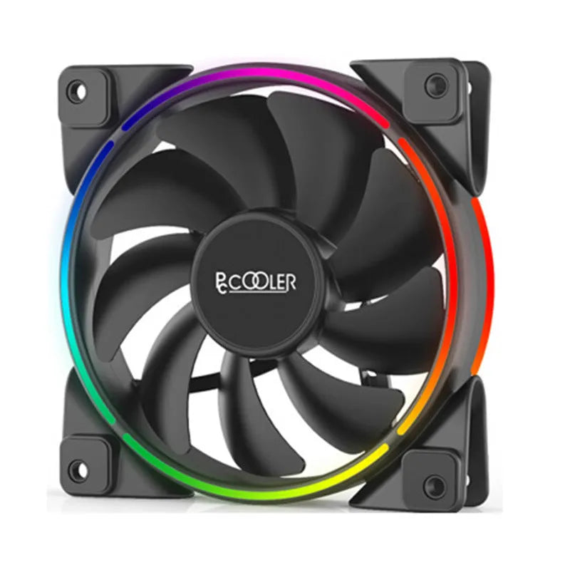 Three black 12cm RGB lighting computer case cooling fans showing fan blades and housing.