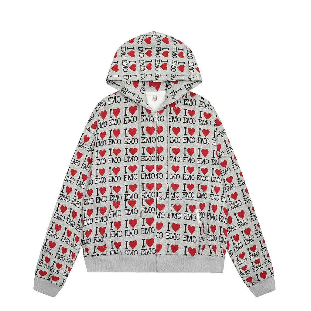 Women's melange grey hooded cardigan with a retro pattern, long sleeves, and cotton fabric