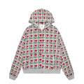 Women's melange grey hooded cardigan with a retro pattern, long sleeves, and cotton fabric
