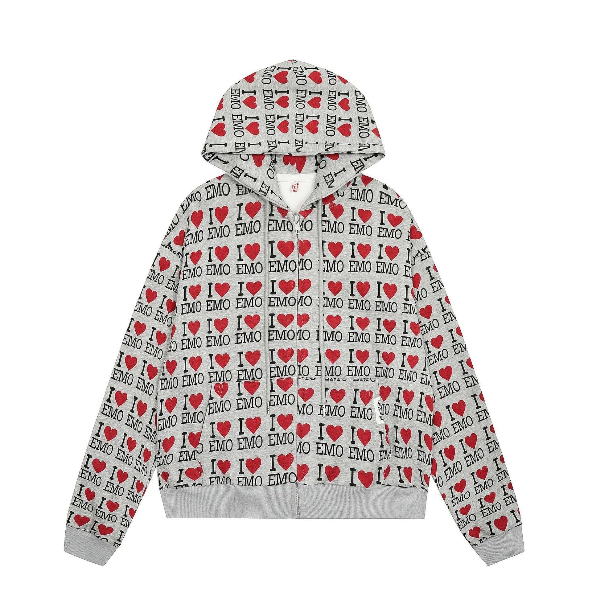 Women's melange grey hooded cardigan with a retro pattern, long sleeves, and cotton fabric