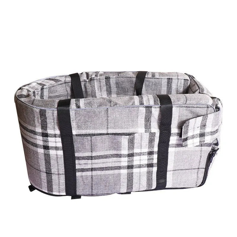 A portable grey cloth dog kennel with sponge insulation, suitable for outdoor and car use.